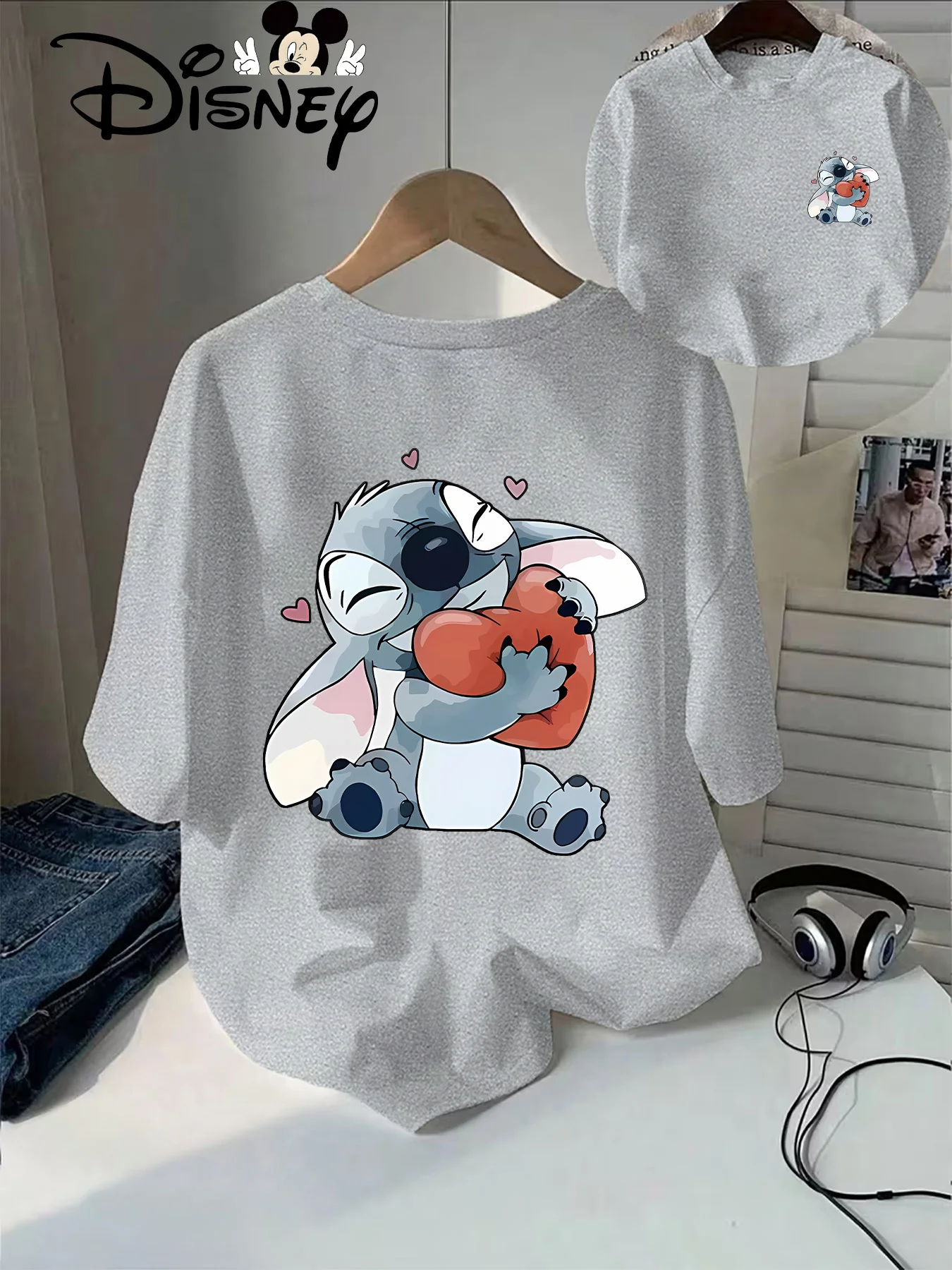 T-shirt Disney Stitch Cœur Gris - Vêtement Enfant & Adulte