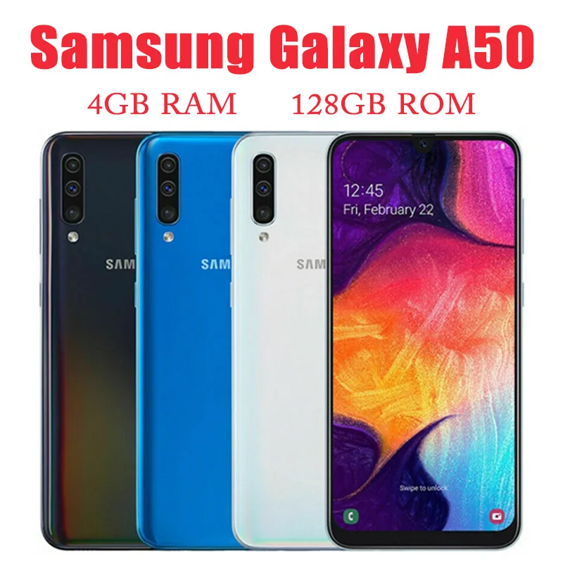 

Original Unlocked Samsung Galaxy A50 A505FD A505FN/DS Dual Sim Global Version 4GB RAM 128GB ROM 6.4" NFC Exynos 4G Smartphone