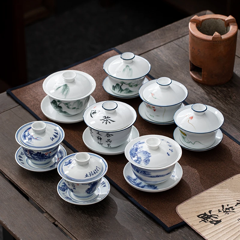 Jingdezhen-Hand Drawn Tea Bowl Cover Ceramic Tea Set Large White Porcelain Covered Bowl San Cai Gaiwan