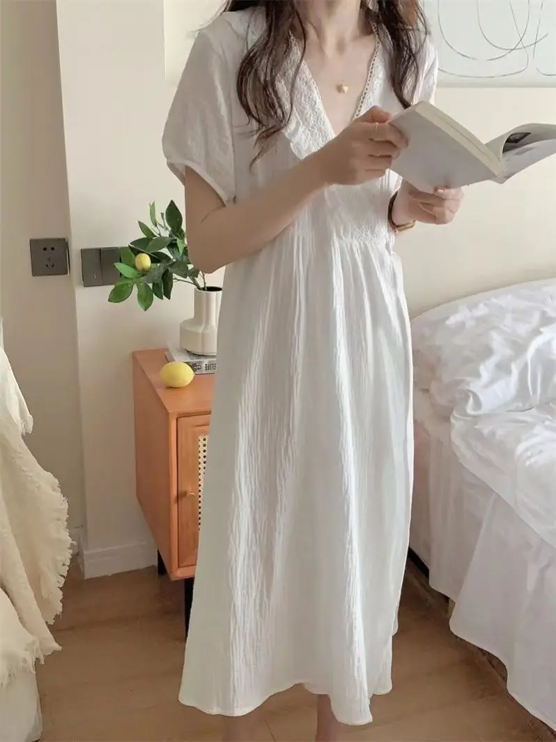 Cute Lace Nightgown Robe Women's Pajamas for Spring Summer Short Sleeved Home Clothes Sleep Loungewear Basic Woman Kimono Robes women nightgowns women nightdresses women pajamas sleeping dress