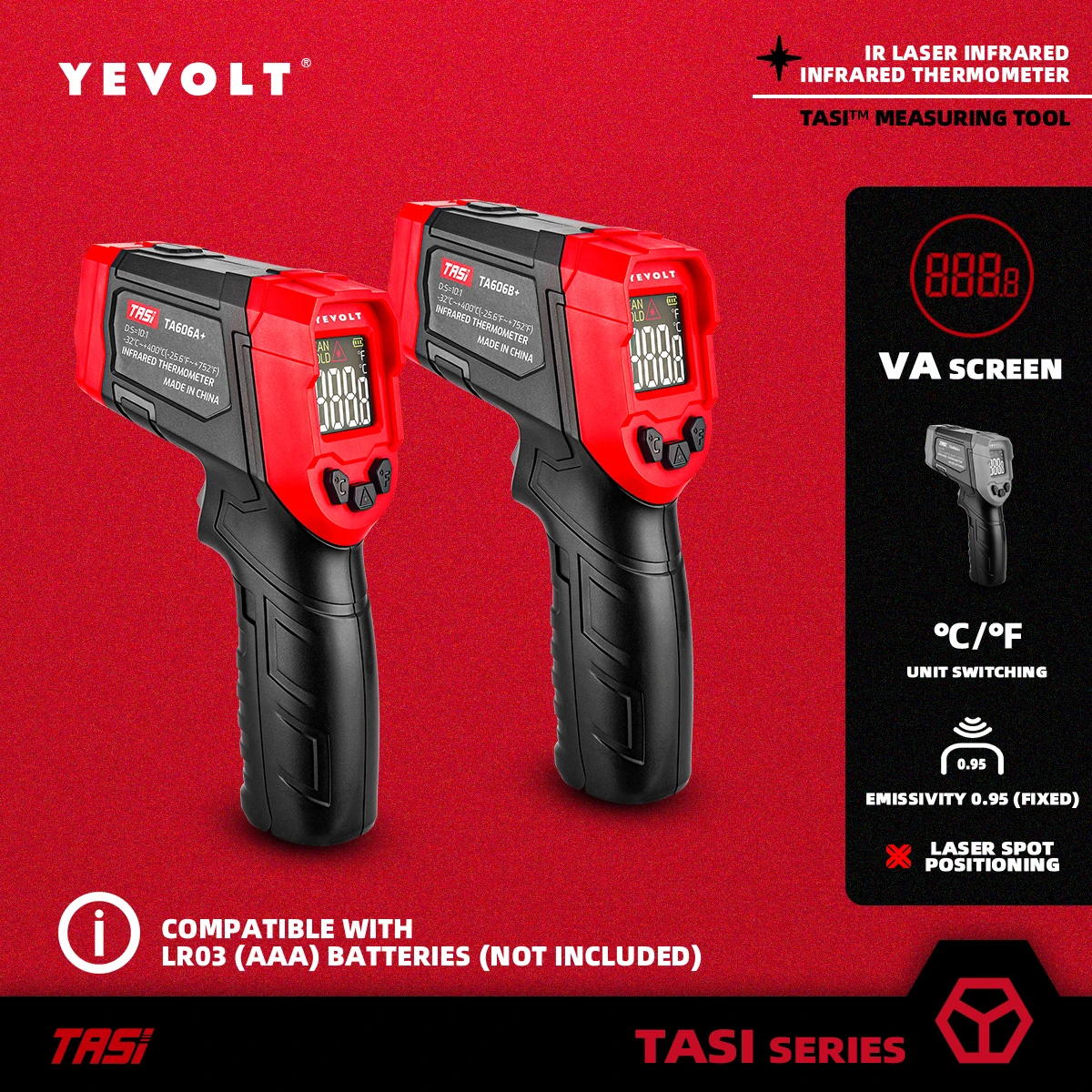 YEVOLT TA606+ Series Digital Infrared Thermometer Handheld Non Contact IR Laser Heat Temperature Gun VA Color Screen