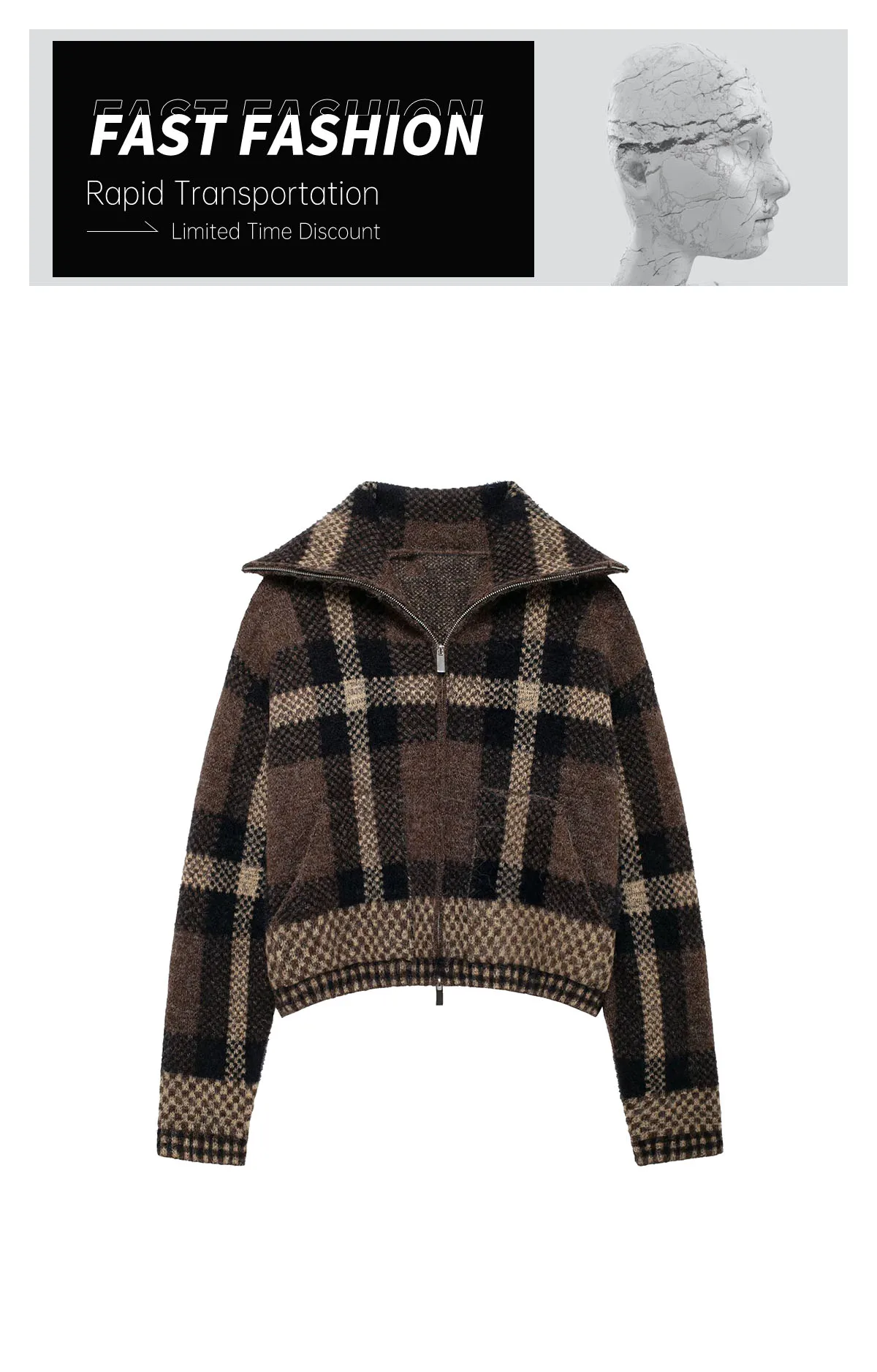 Description Picture 4 of item2024 autumn new women's clothing style fashionable and versatile lapel zipper decoration plaid knit pilot jacket jacket