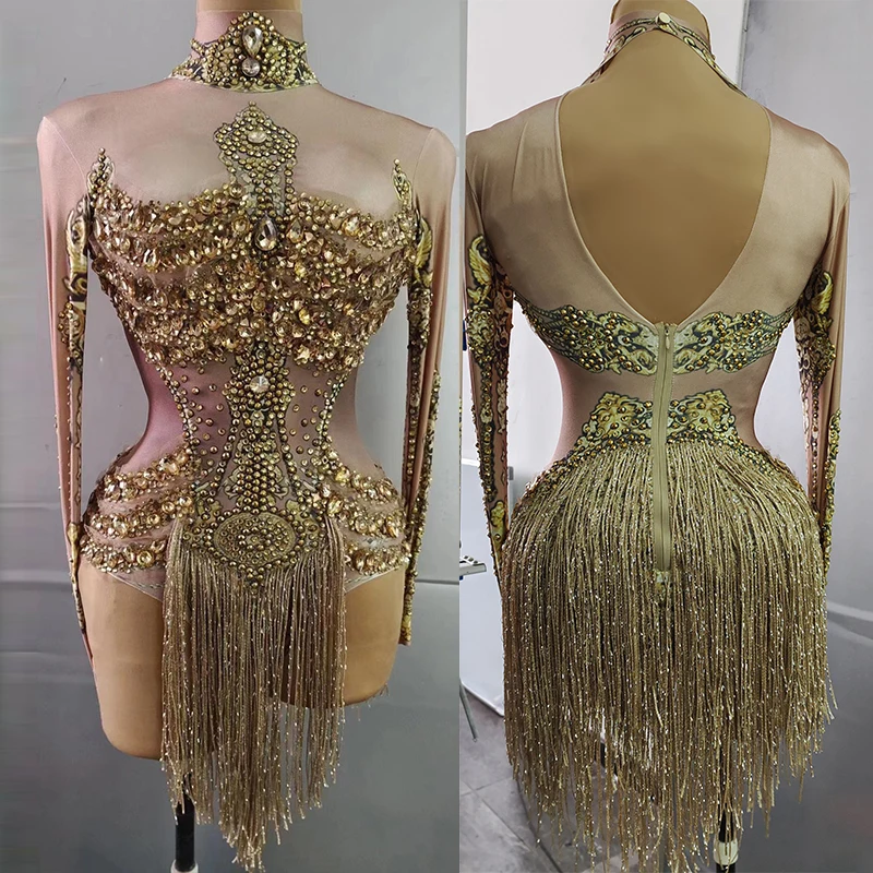 

Drag Queen Costume Rhinestone Stretch Bodysuit Nightclub Gogo Dancing Clothes Rave Outfit Tassel Jumpsuit Dancewear VDB5721