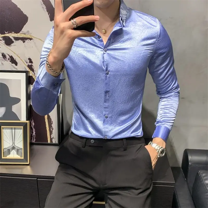 

Long Sleeve Shirts Men Fashion Solid Plus Size Social Formal Business Cozy Handsome Korean Leisure Basic Male Blouse V128