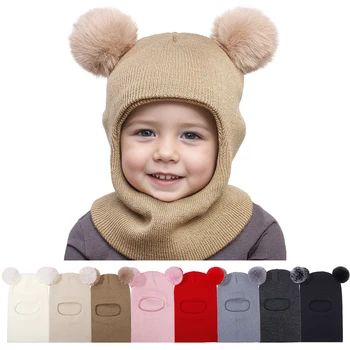 Children's Double Ball Ear Protection One-piece Hats Baby Yarn Knit Cap Balaclava Christmas Gift Kids Autumn Winter Pullover Hat 1