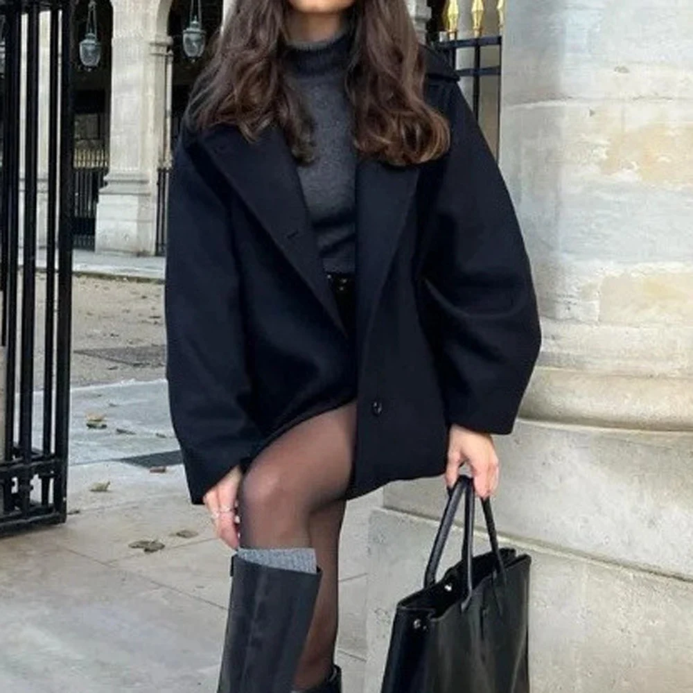 Womens Long Sleeve Woolen Blend Coat with Pocket