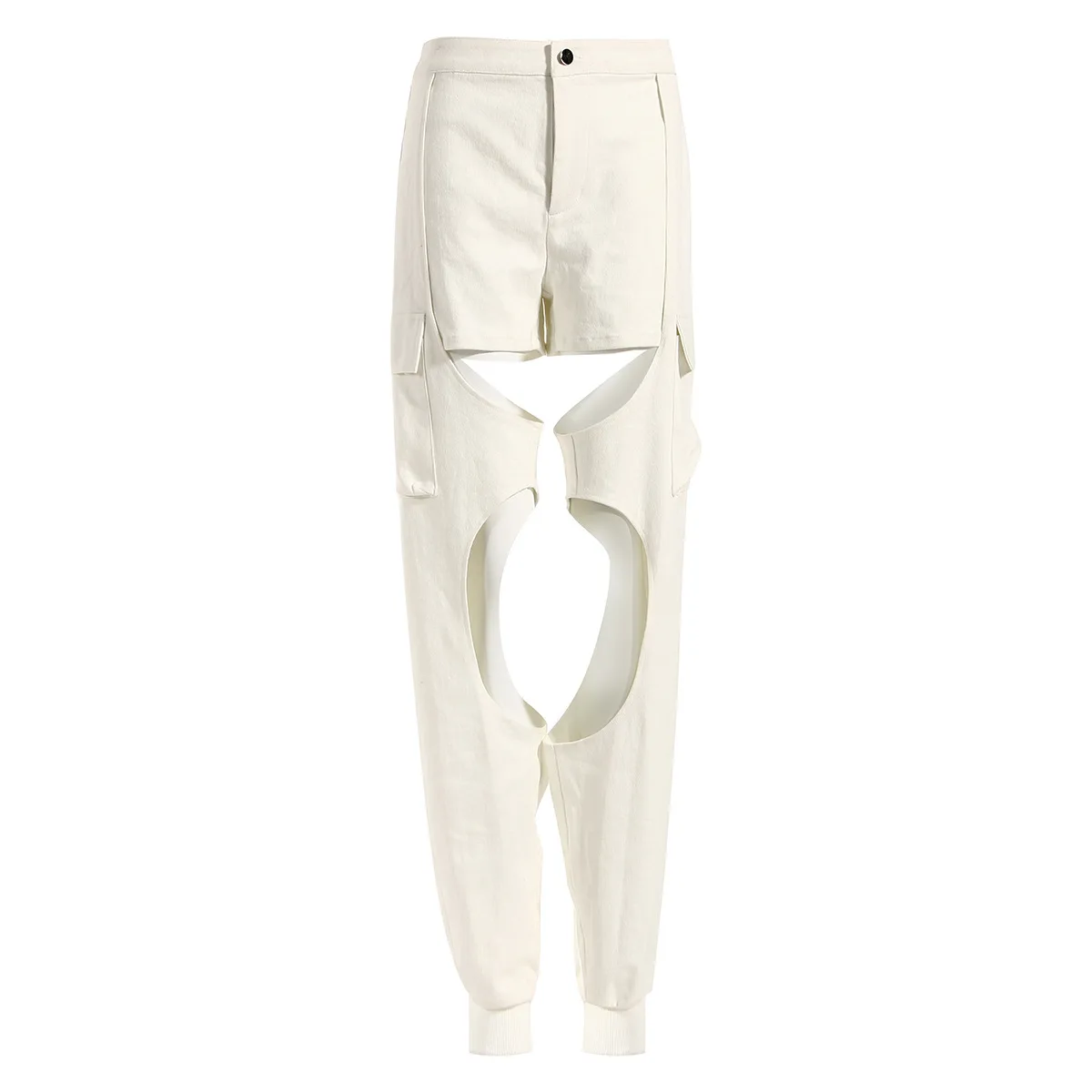 Two Piece Set Women Sleeveless Sexy Bandage Denim Crop Tops+White Cutout Pencil Jeans Pants
