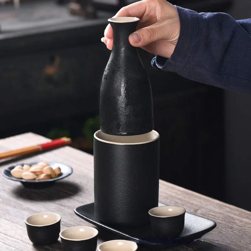 Ceramic Japanese Wine Warmer Tray 1 Sake Bottle 1 Warmer Pot 4 Cups for Hot or Cold Wine Mug Set 7Pcs