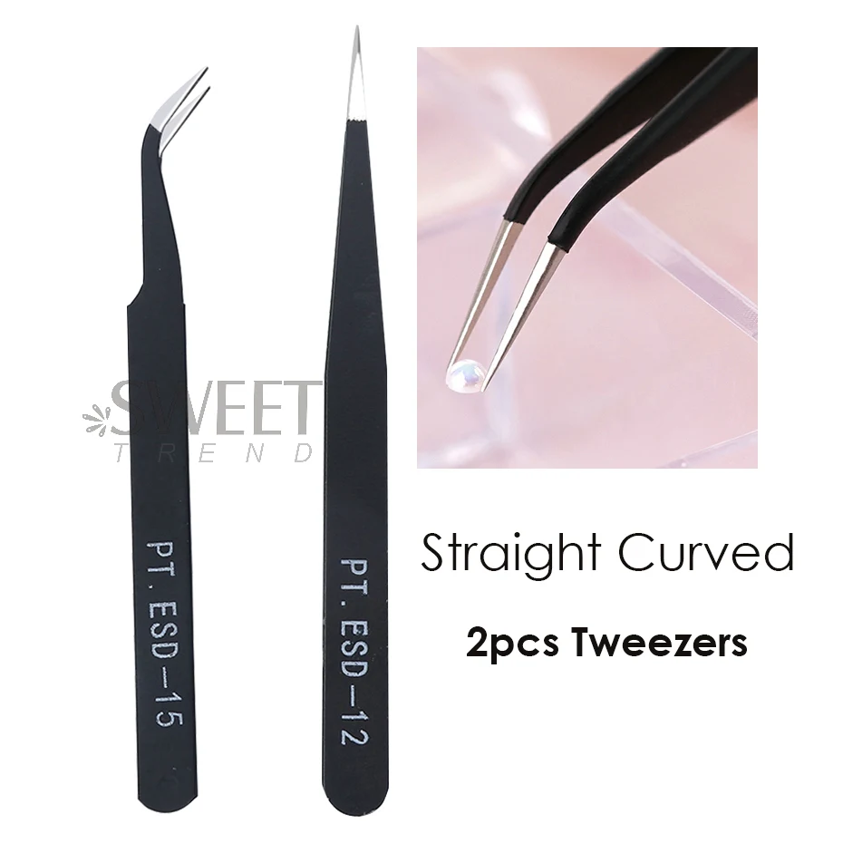 2pcs Professional Nail Art Stainless Steel Curved Straight Tweezer Black Picking Rhinestone Pliers Manicure Nipper Tool Supplies