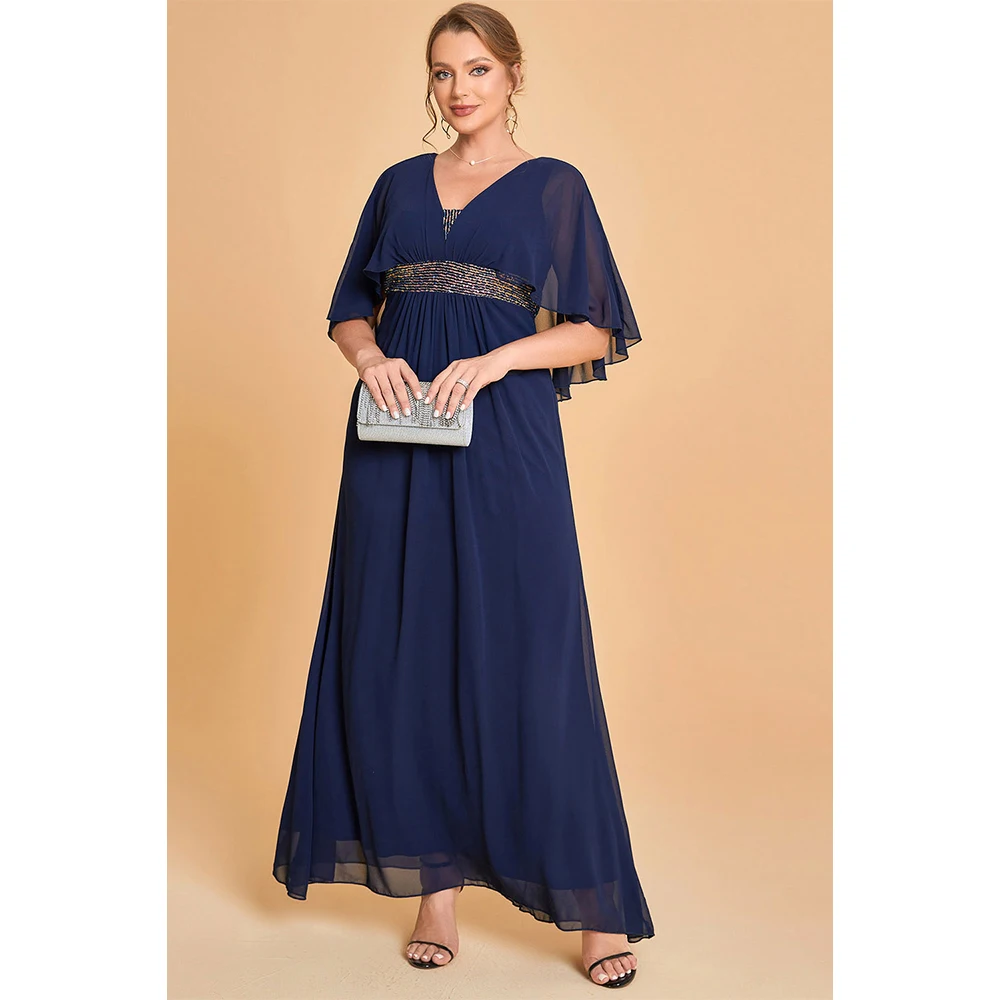 

Plus Size Mother Of The Bride Navy Blue Chiffon Cape Sleeve Decorative Sequin Fold Tunic Maxi Dress