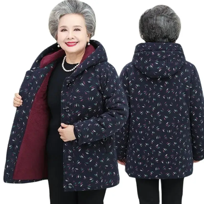 

Middle Aged And Elderly Women's Clothing Add Velvet Thickened Cotton Overcoat Parka Hooded Loose Warm Winter Coat Jackets