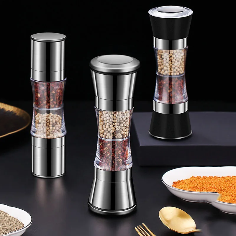 Pepper Grinder Two-in-one Pepper Grinder Stainless Steel Double-head Kitchen Gadgets Sea Salt Spice Manual Two-head Grinder