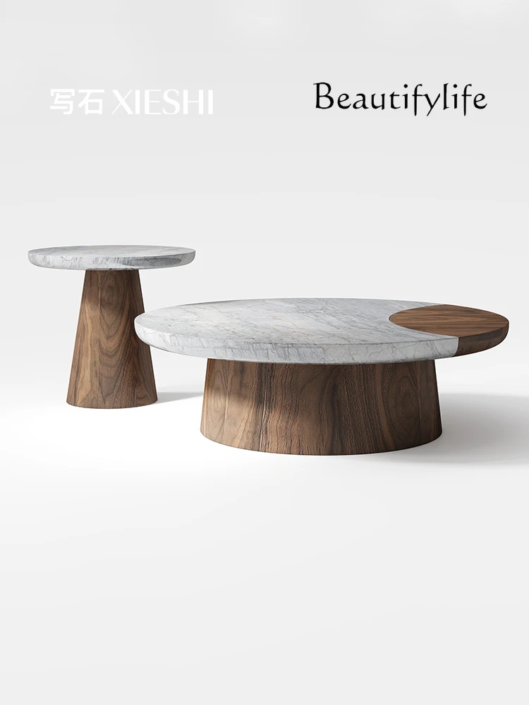 

Italian round Marble Tea Table Combination Living Room Modern Simple Retro Style Walnut Tea Table