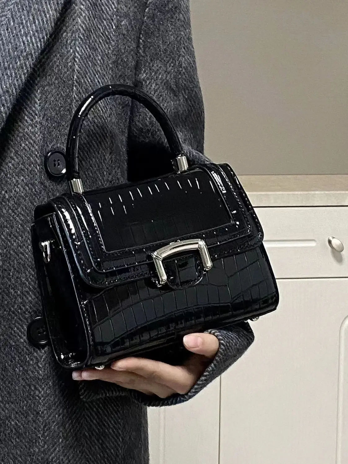 JIAERDI Retro Black Messenger Bag Women High Street Crocodile Handle Chic Leather Y2k Bag Female Vintage Square Crossbody Bags