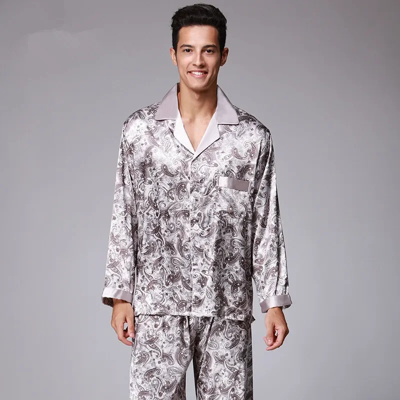 New Luxury Pajamas Men Paisley Pattern Sleepwear Silk Long-sleeved Satin Mens Pyjamas Men's Lounge Pajamas Set Plus Size 4XL