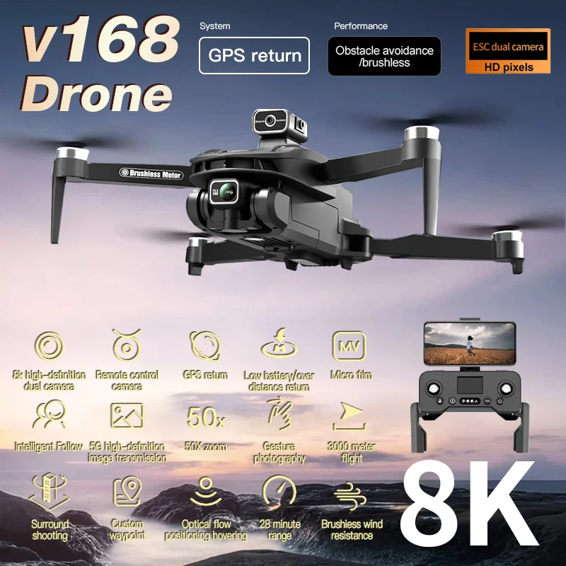 Drone Quadcopter V168 Mini 8K 5G GPS Professina HD Aerial Photography Dual-Camera Brushless Avoidance Optical Flow For Xiaomi