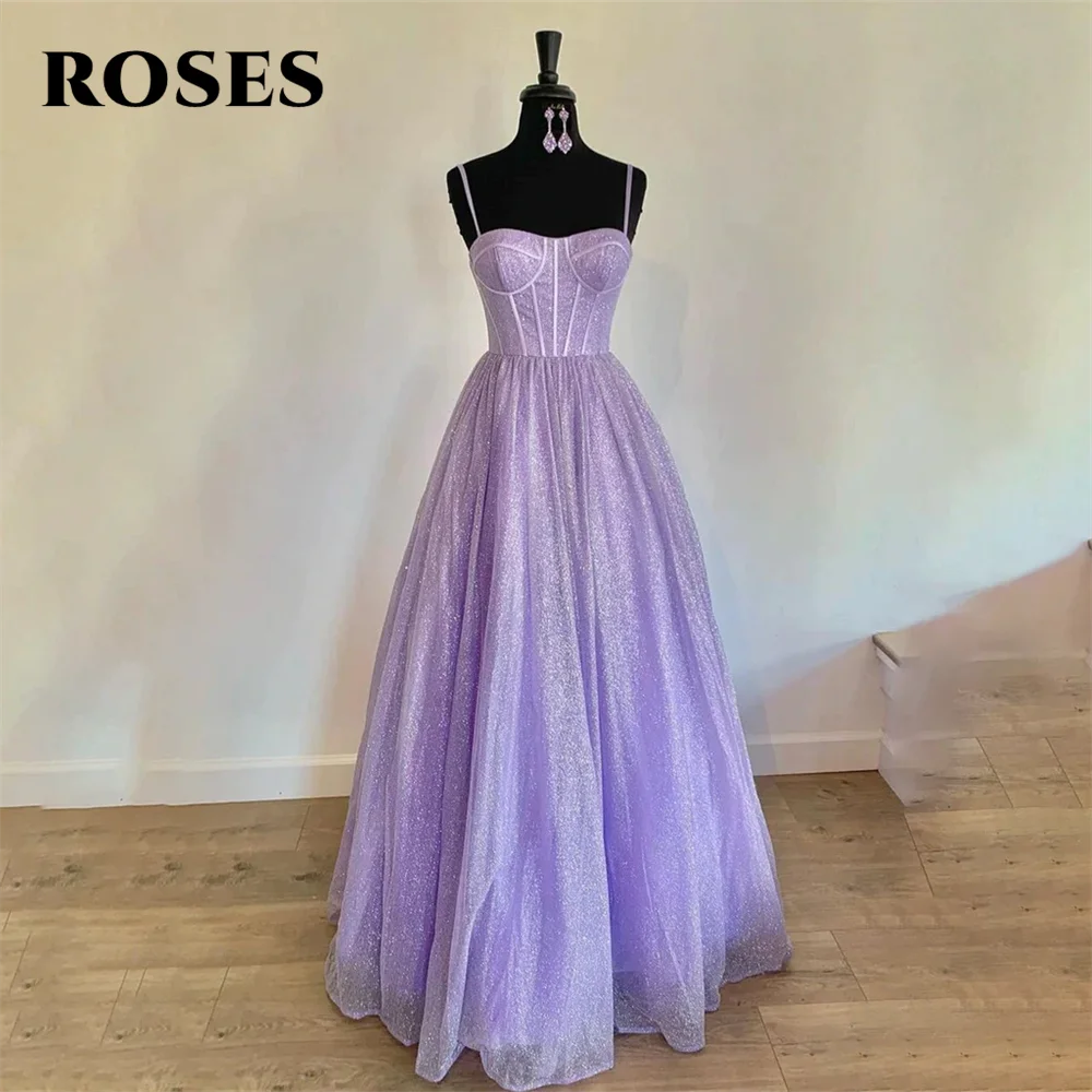 

ROSES Lavender Spaghetti Strap Evening Dresses Sequin Glitter Charming Prom Dress A Line Shining Party Dresses vestidos de noche