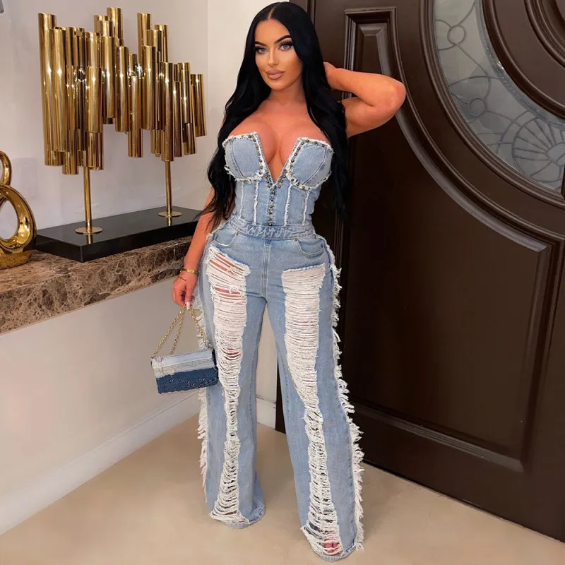 

New Fashion Women Jumpsuits Sexy Summer Strapless Nail bead Holes Design Wide Leg Jeans Pant Jumpsuits Streetwear
