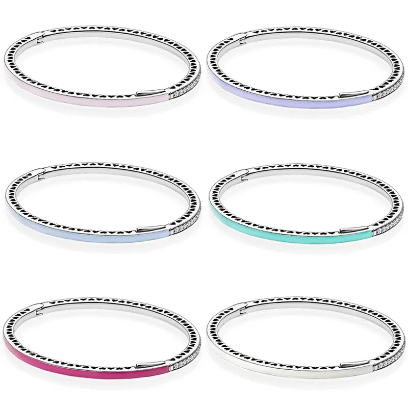 

Original Multicolor Radiant Hearts With Cubic Zirconia Bangle Fit Fashion 925 Sterling Silver Bracelet Bead Charm Diy Jewelry