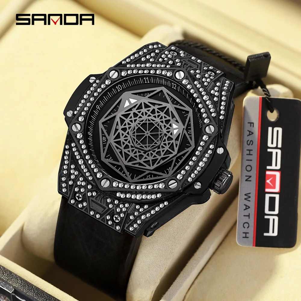 

Sanda Fashion New 7033 Men's Diamond Inlaid Geometric Dial Glow Waterproof Men's Creative Quartz Wristwatch 2023