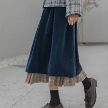 Vintage Corduroy Stitched Plaid Skirt Women's 2022 Summer Thin Korean High Waist Medium Length A-line Skirt Woman Skirts