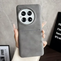 Retro Sheepskin Leather Card Pocket Case - Shockproof Matte Cover for OnePlus ACE3 Pro (Gray)