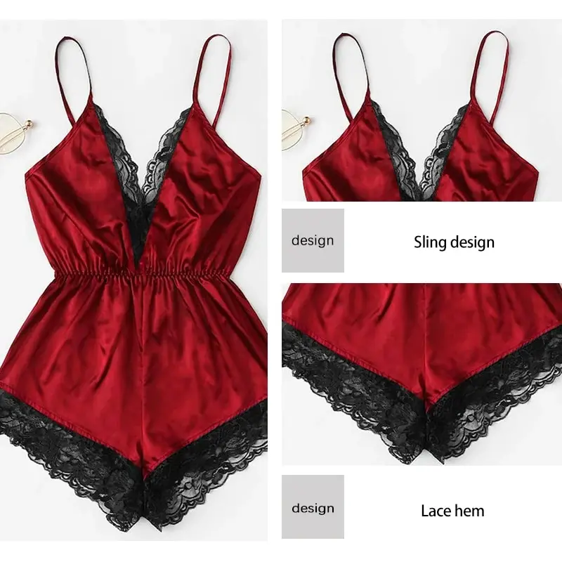 Women Suspender Pajamas Summer V-Neck Sexy Lace Patchwork Integrated Backless