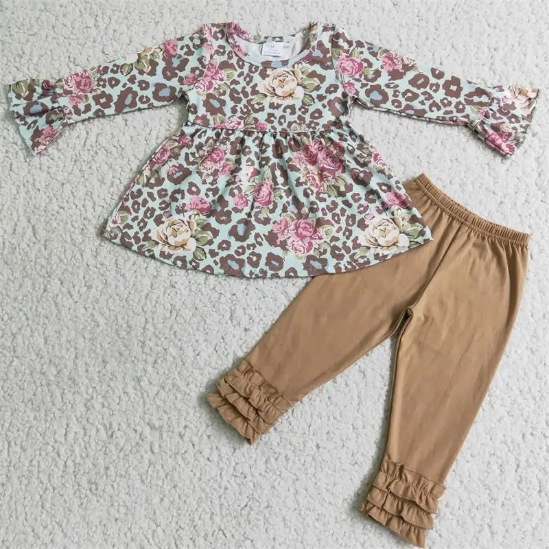 

Promotion Toddler Spring Fall Clothes Baby Girl Leopard Flower Long Sleeves Shirts Cotton Ruffle Pants Children Set Kids Outfit