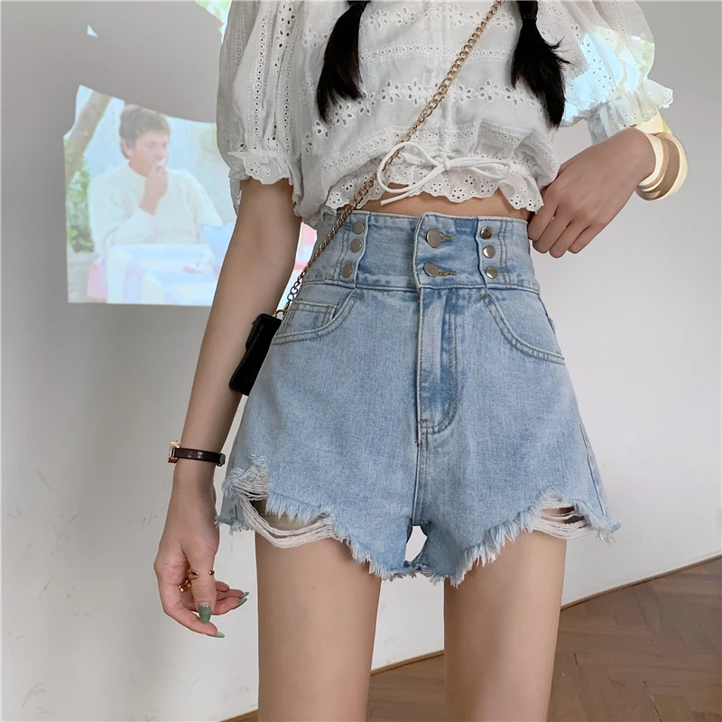 bape shorts Fashion Denim Shorts Female Summer High Waist A-line 2021 New Retro Hole Design Sense Tide Women's Shorts Wide-leg Pants cargo shorts