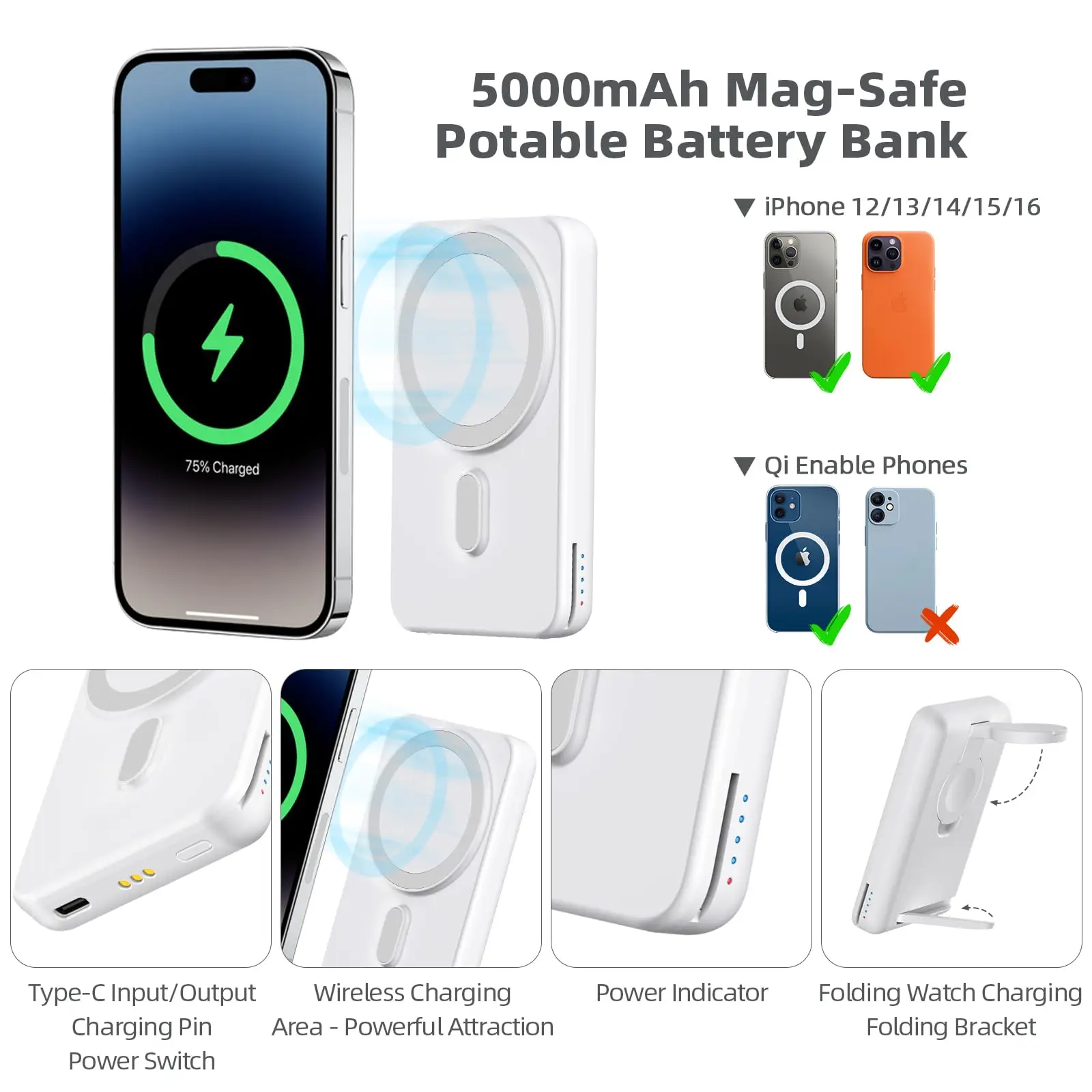 3 in 1 Wireless Charger Station Foldable Stand for MagSafe,Portable Magnetic Power Bank for Apple Watch iPhone 16/15/14/13/12 3