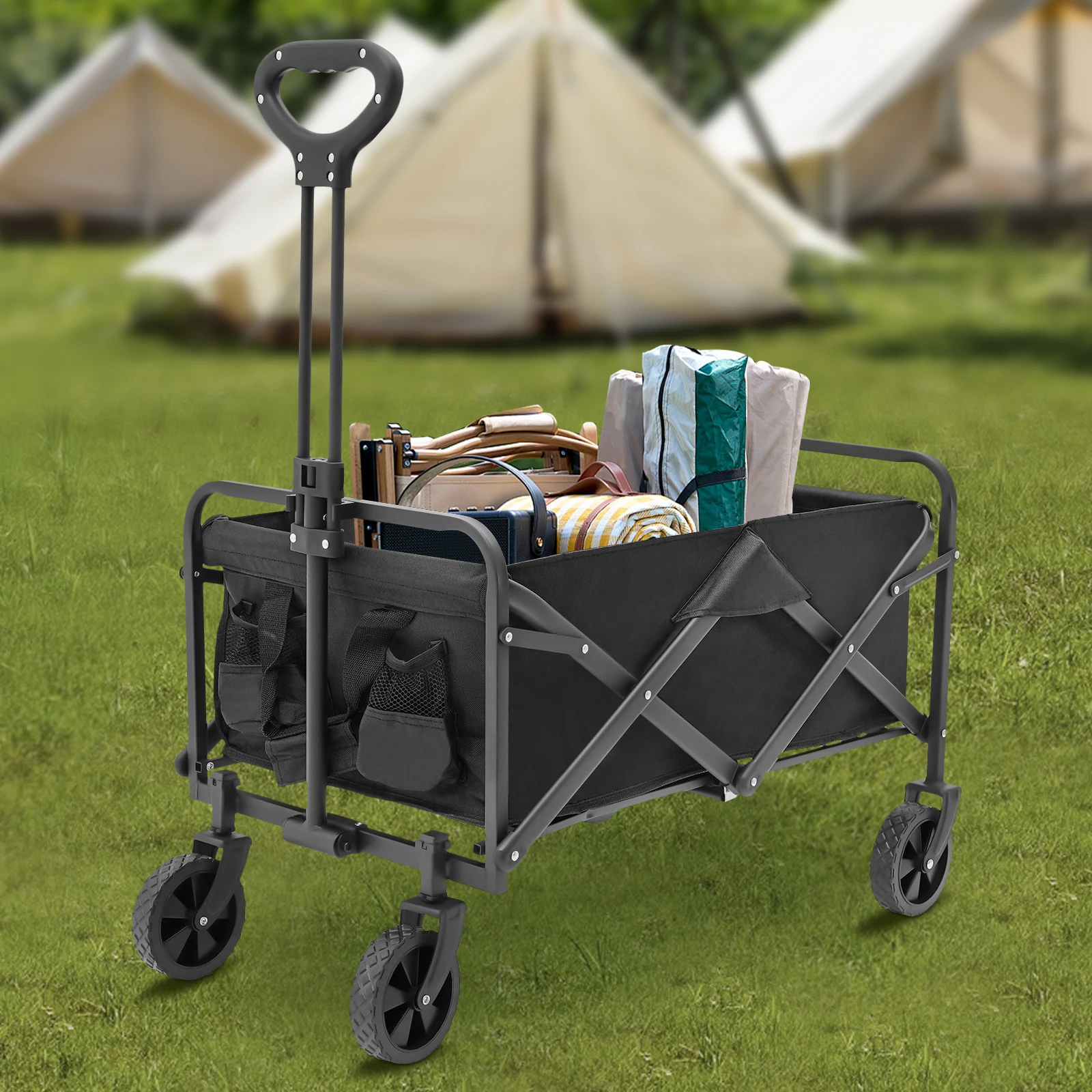 Collapsible Folding Wagon Garden Cart Utility Wagon Beach with 5" Rubber Wheels Adjustable Handle and 2 Cup Holders