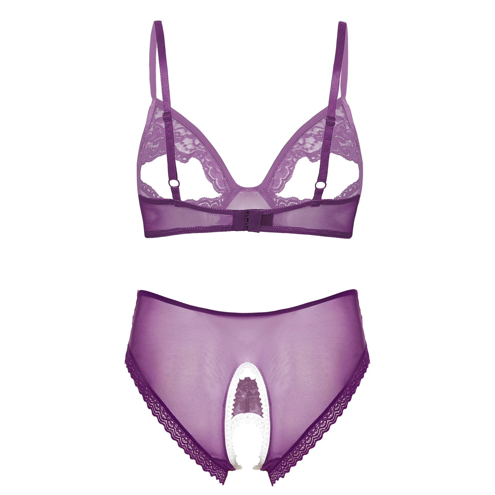 Women Sexy Lace Lingerie Set Exposed Nipples Open Cups See-through Bra with Sheer Crotchless Briefs Underwear Nightwear Clubwear