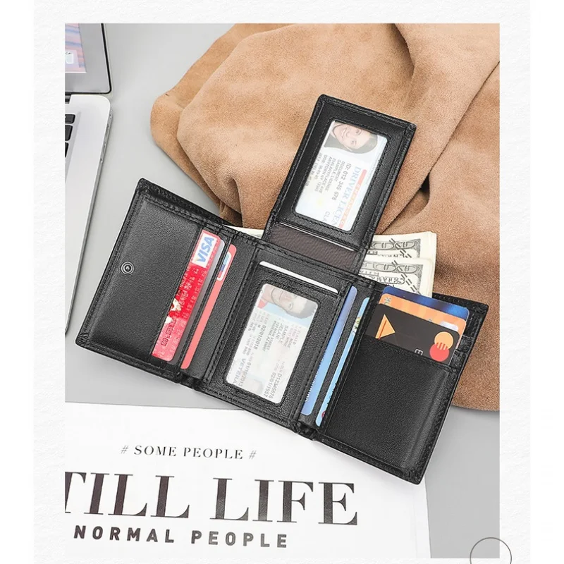 GENODERN Business Men's Leather Wallet Tri-Fold Multi-Card-Slot Wallet US Gold Clip Coin Pocket 5