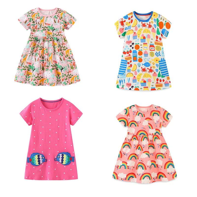 Jumping Meters Baby Dresses Pockets Fruits Print Summer Short Sleeve Cotton Short Sleeve Hot Selling Children's Costume Frocks