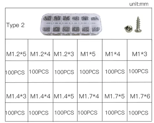 Description Picture 5 of itemM1 M1.2 M1.4 M1.7 Micro Glasses Screws Round Head Self-tapping Electronic Small Wood Screws Kit Assortment 1200Pcs