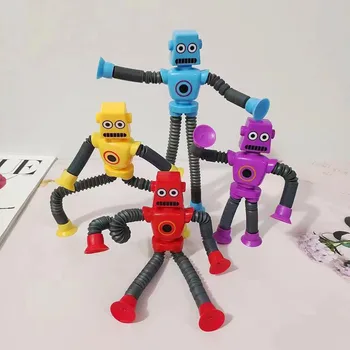 4pcs Versatile Suction Cup Robot Telescopic Tube Cartoon Stretching Tube Puzzle Novel Decompression Toy Qiqu Treasure Box Toy