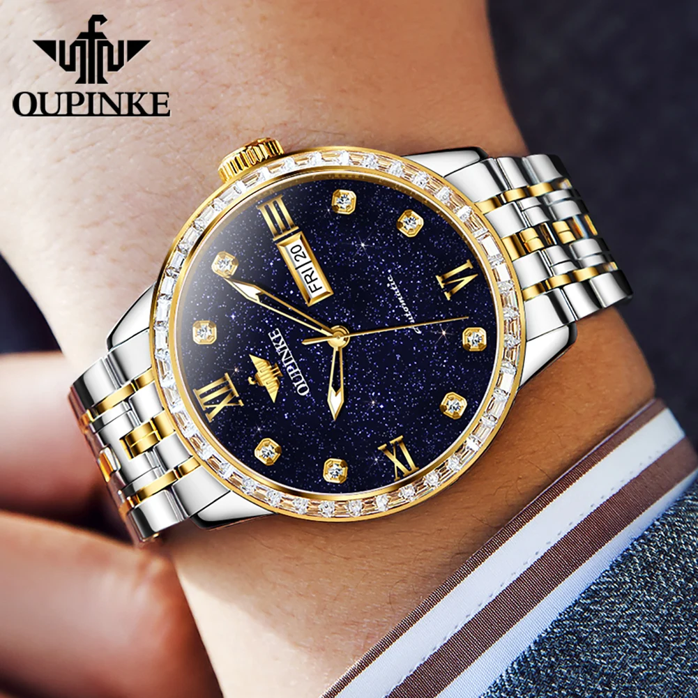 OUPINKE 3241 Japan Automatic Mechanical Watch for Man Fashion Luxury Starry Sky Dial Diamond Bezel Original Men's Dress Watches