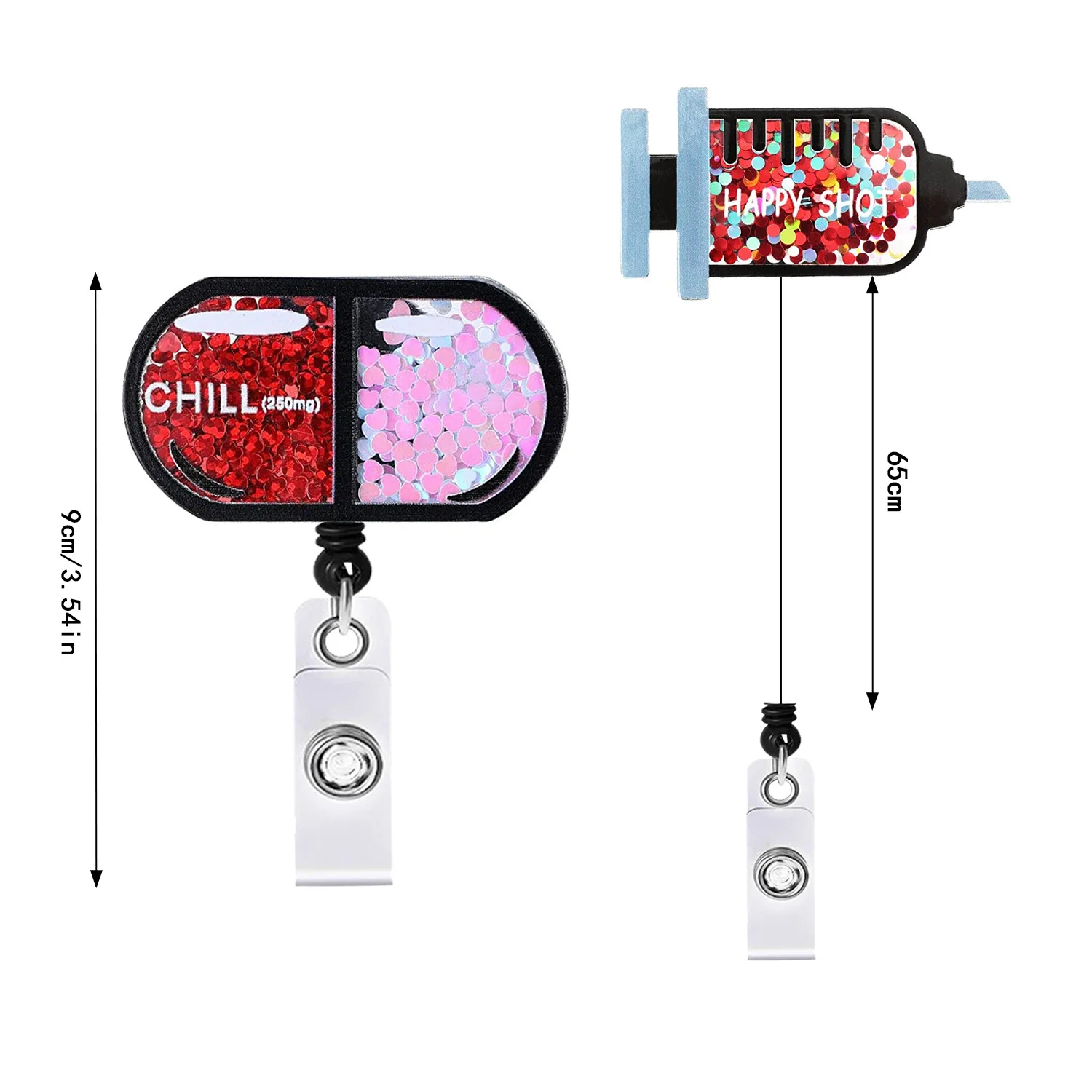 Acrylic Skeleton Quicksand Badge Holder Cartoon Syringe Pills Clothing Retractable Rotating Badge Reel for Doctor Nurse 2