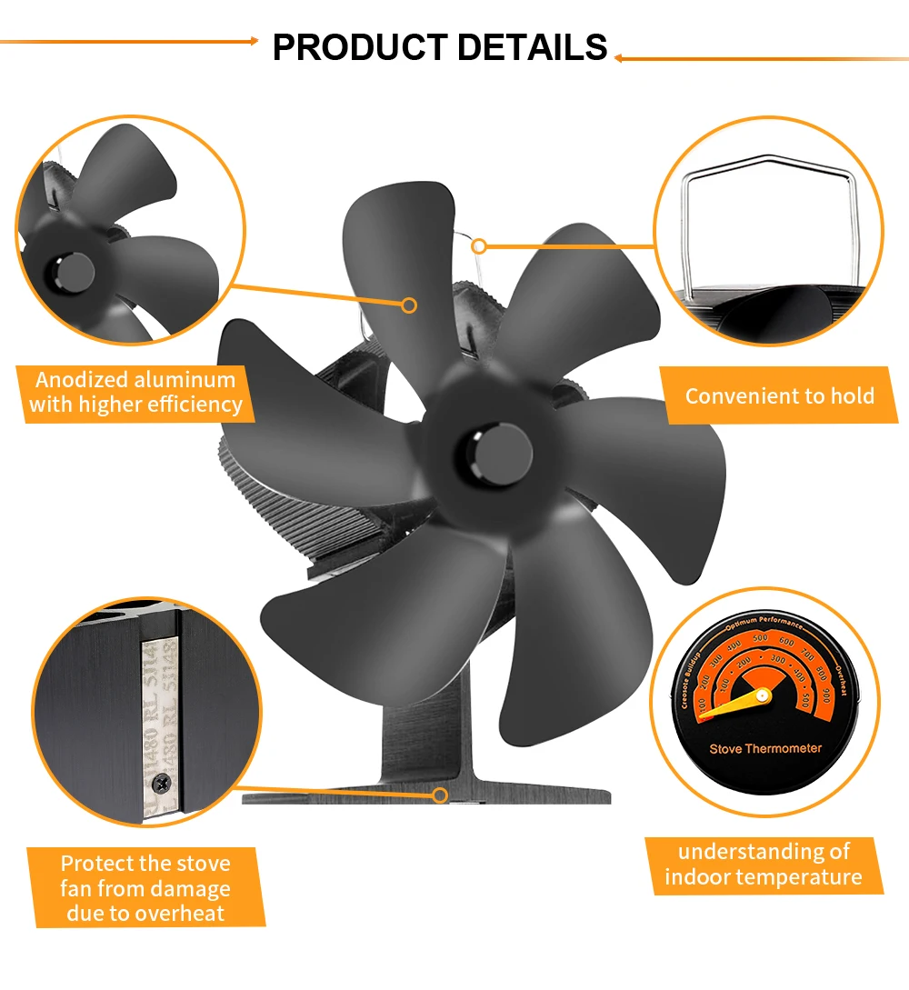 Fireplace heater 6-blade thermal furnace fan burner Quiet fireplace fan Fuel saving air circulation efficient heat distribution