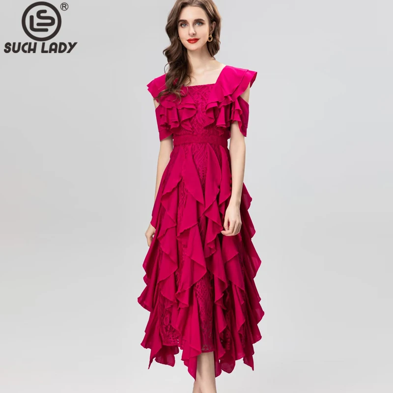 

Women's Runway Dresses Square Neckline Lace Patchwork Ruffles High Street Elegant Designer Party Prom Vestidos