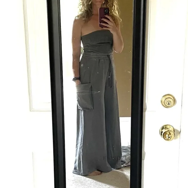 Strapless Tube Jumpsuit Sleeveless Solid Color Adjustable Drawstring Playsuit Elastic Waistband Slouchy Wide Legs Romper YDL44