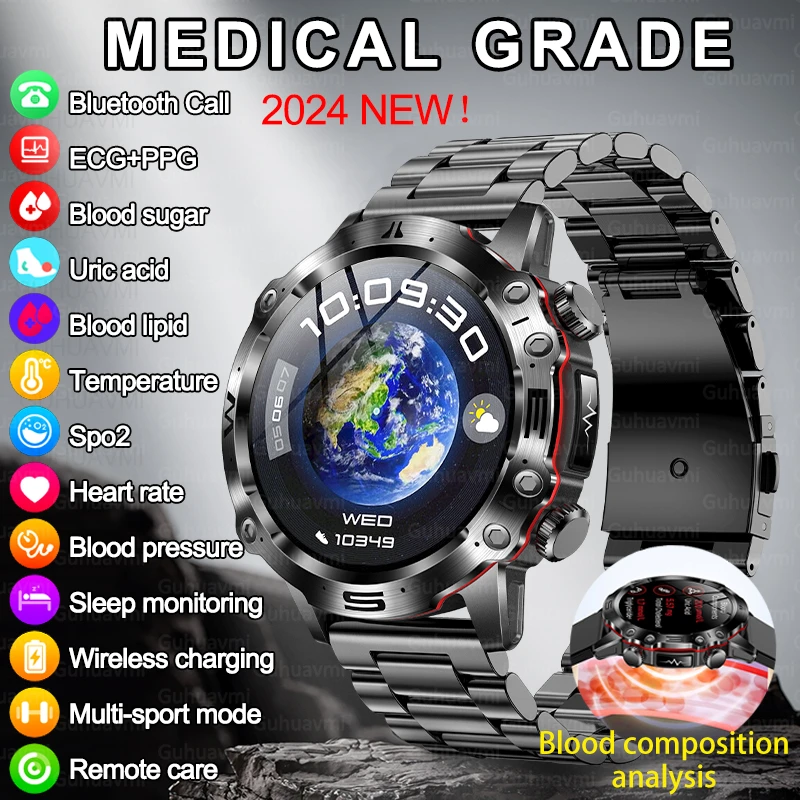 2024 Neue Blutfette Blutzucker Smartwatch Für Männer Ekg Hrv Fitness Tracker Bluetooth Anruf Uhr Harnsäure Gesundheit Smartwatch
