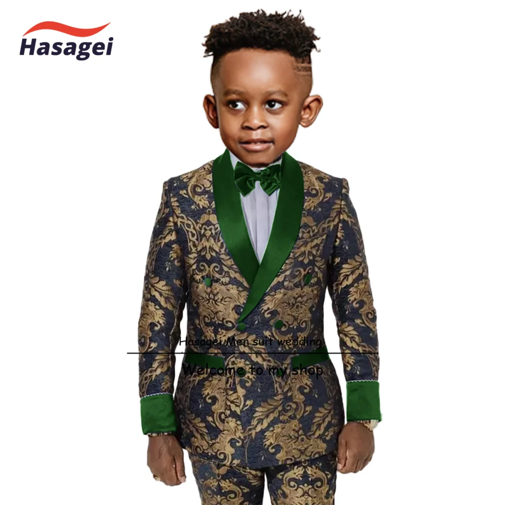Gold pattern kids suit 2 piece double breasted blazer for boys wedding tuxedo jacket pants formal clothes 2-16 years old