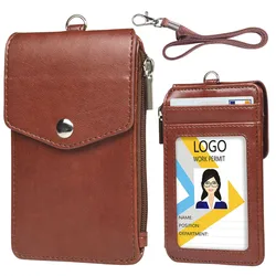 Premium PU Zipper Style Lanyard Card Holder - Large Capacity Badge and Credential Accessory (Brown)