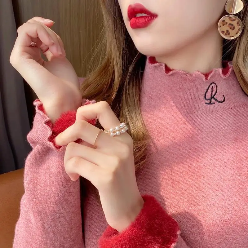 

Autumn Winter Letter Embroidery Fleece Bottoming Shirt Long Sleeve Solid All-match Pullovers Tops Fashion Sweet Women Clothing