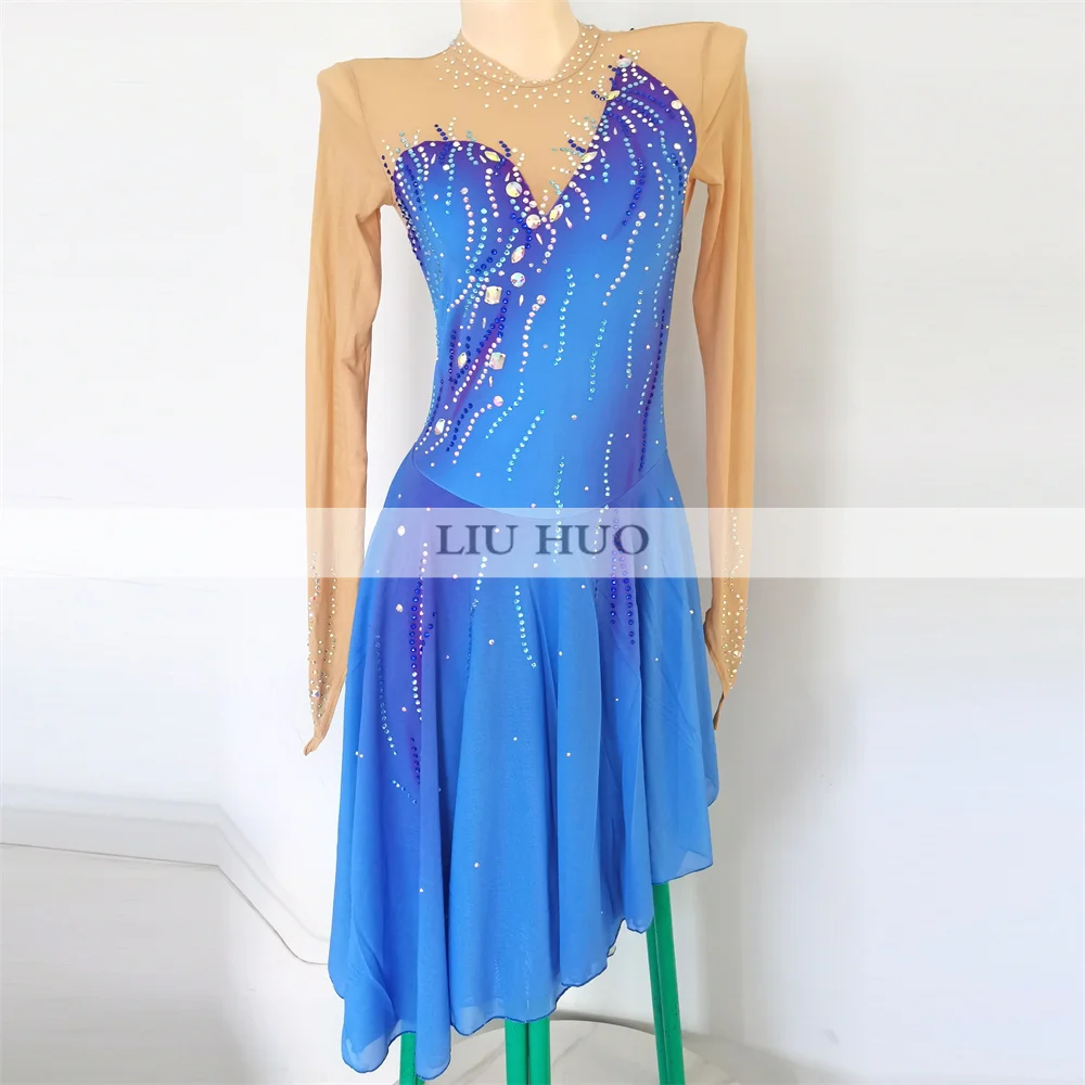 

LIUHUO Ice Dance Figure Skating Dress Women Girl Teen Customize Costume Performance Competition Leotard Roller Blue Children
