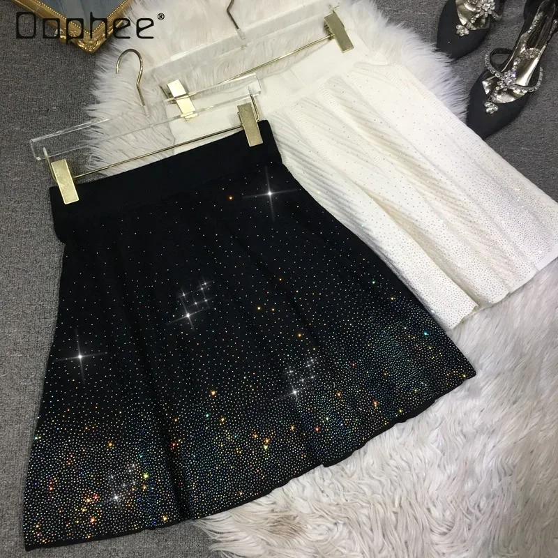 European Streetwear Rhinestone Skirt Ladies Autumn and Winter New Women Shinny Thin Black ElasticWaist All-Match Knitted Skirts hongmioo 2017 new fashion gold ladies women belt chain hollow new designer fashion belt chain rhinestone belts for dresses