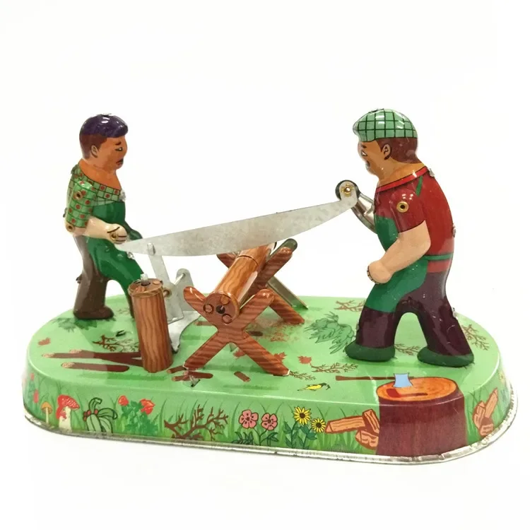 Adult Collection Retro Wind up toy Metal Tin Saw woodworking sawyer man Mechanical Clockwork toy figures model kids gift
