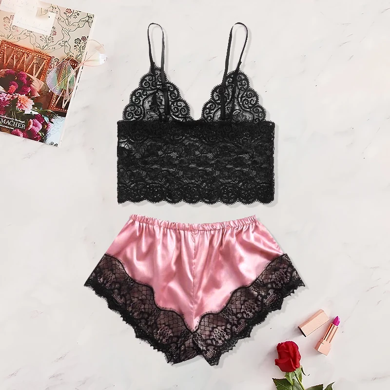 2025 Summer 2 Pcs Women's New Sexy Lace See-Through Pajamas Black Pink Cute Clothes Comfortable Breathable Suspender Shorts Set 3