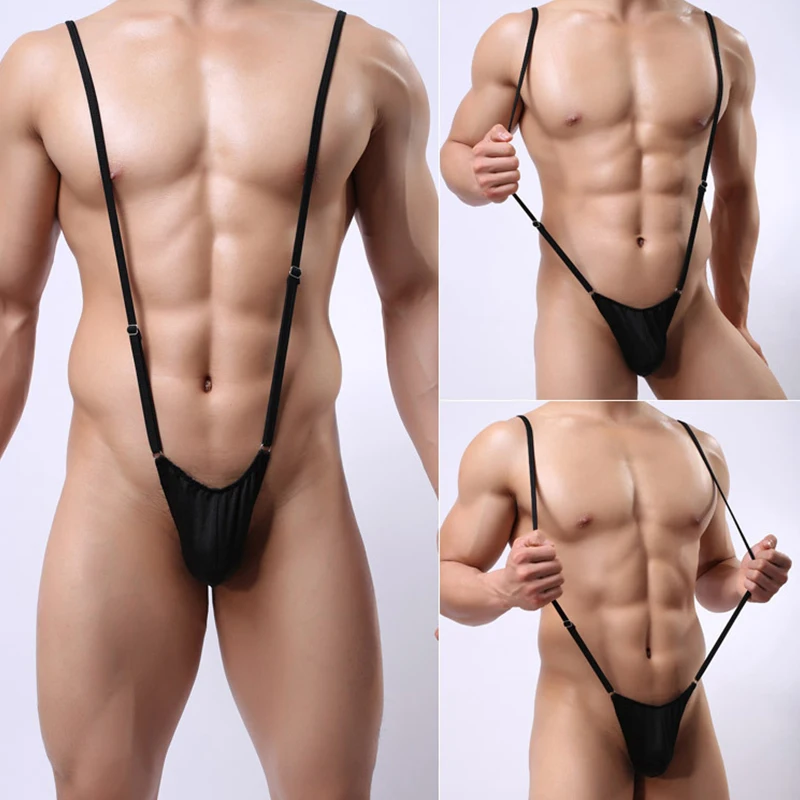 Men's Sexy Jumpsuit Strap Adjustable One-piece Thong T-pants U Convex Pocket Design Elastic Underwear Gay Porn Erotic Bodysuit